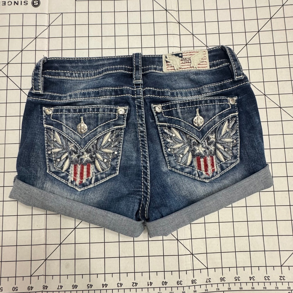 Miss Me Womens Dark Wash Embroidered American Flag Eagle Wing Denim Shorts 25